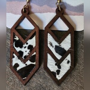 NWT Brown Genuine Cowhide Leather Inlayed On Real Wood Earrings
